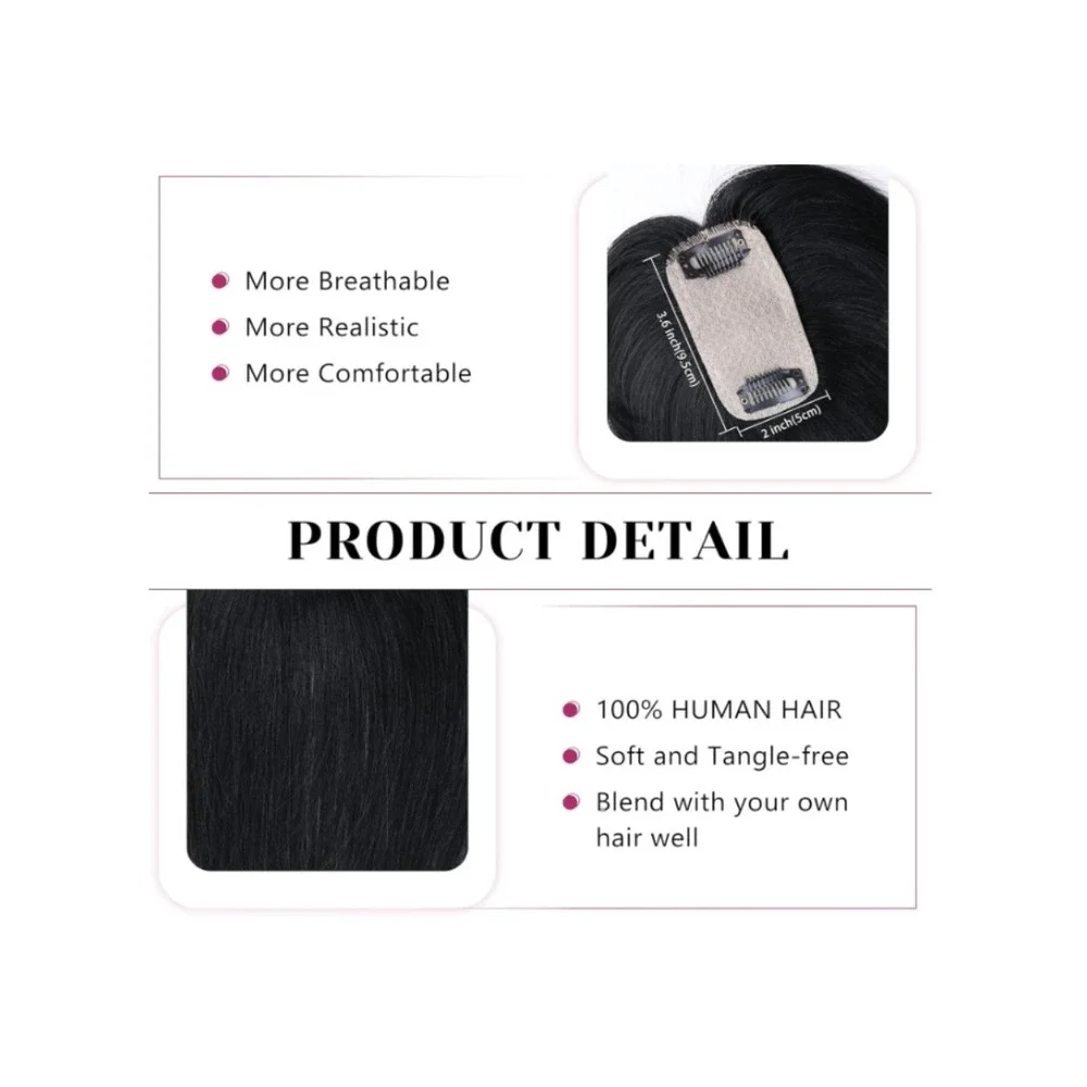 VERNA 100% Real Human Hair Bangs Clip In Topper 3D Cover Natural Black 5x9.5cm